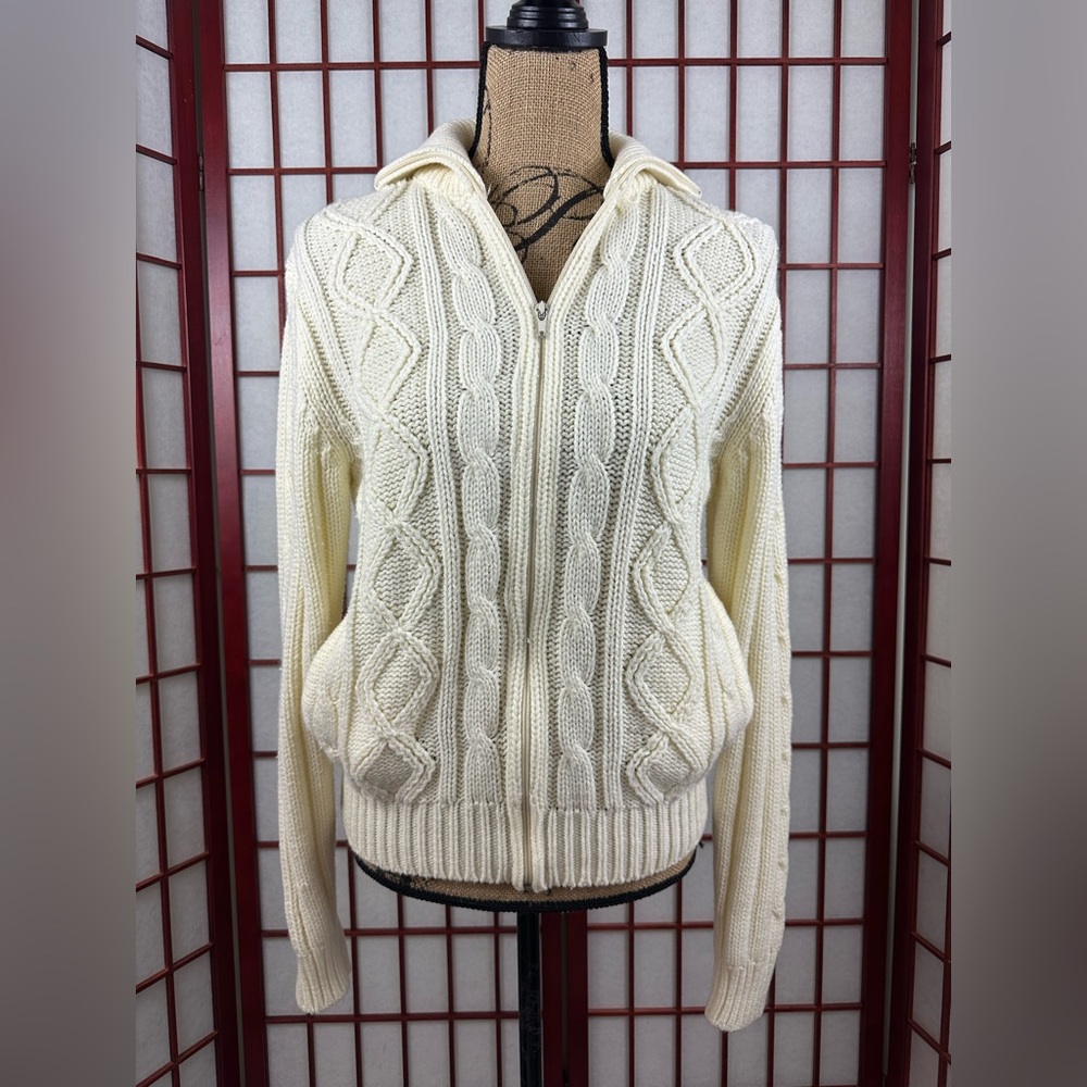 Vintage Montgomery Ward Ivory Cable Knit Full Zip Acrylic Sweater